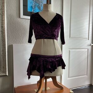 Sexy Purple Crushed Velvet Micro Mini Skirt and Cropped Wrap Top